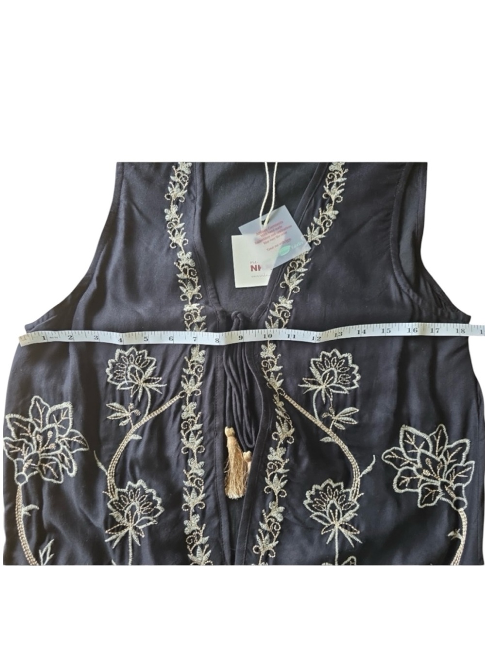 NWT Nekane Embroidered Boho Vest Black Gold Metallic Tassel Tie Size Small - Picture 8 of 10
